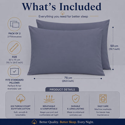 200 Thread Count Egyptian Cotton Pillowcases Pair – Hotel Quality Bedding | Night Zone