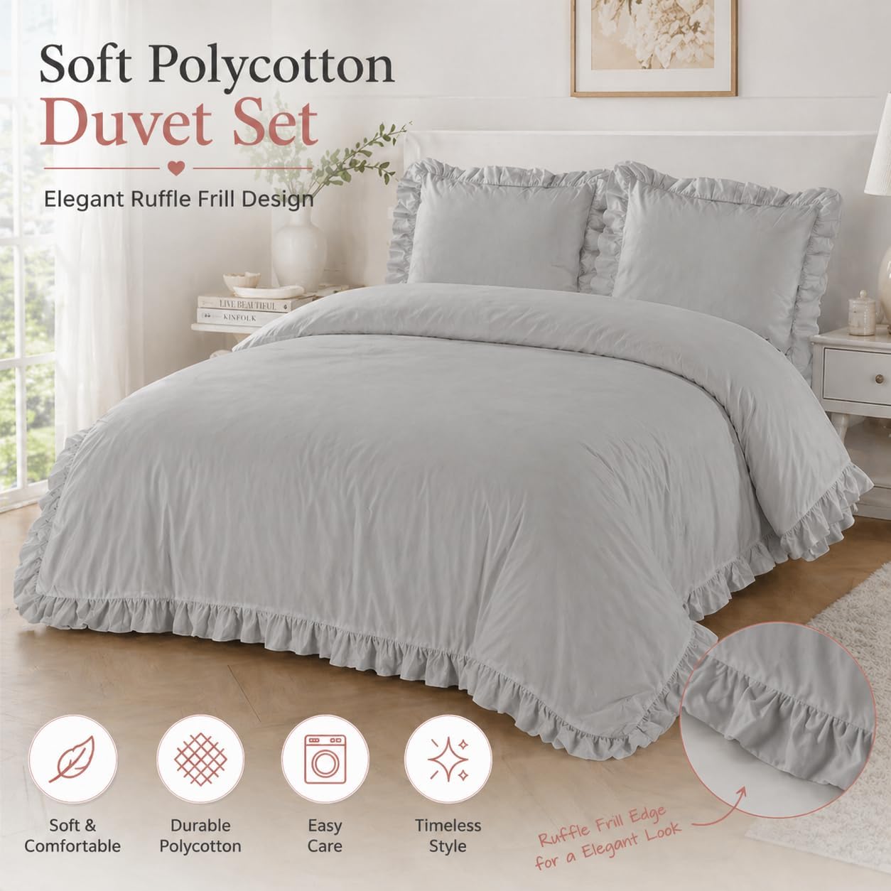 Santiago Frilled Polycotton Duvet Cover Set – Luxury Easy Care Bedding | Night Zone