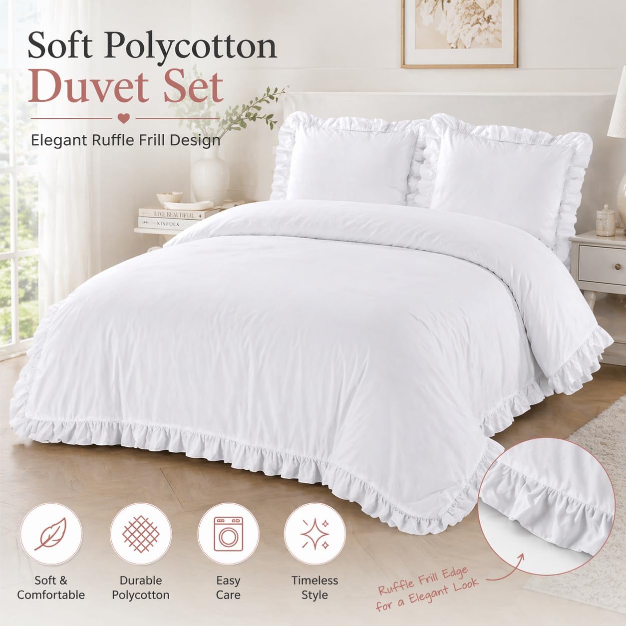 Santiago Frilled Polycotton Duvet Cover Set – Luxury Easy Care Bedding | Night Zone
