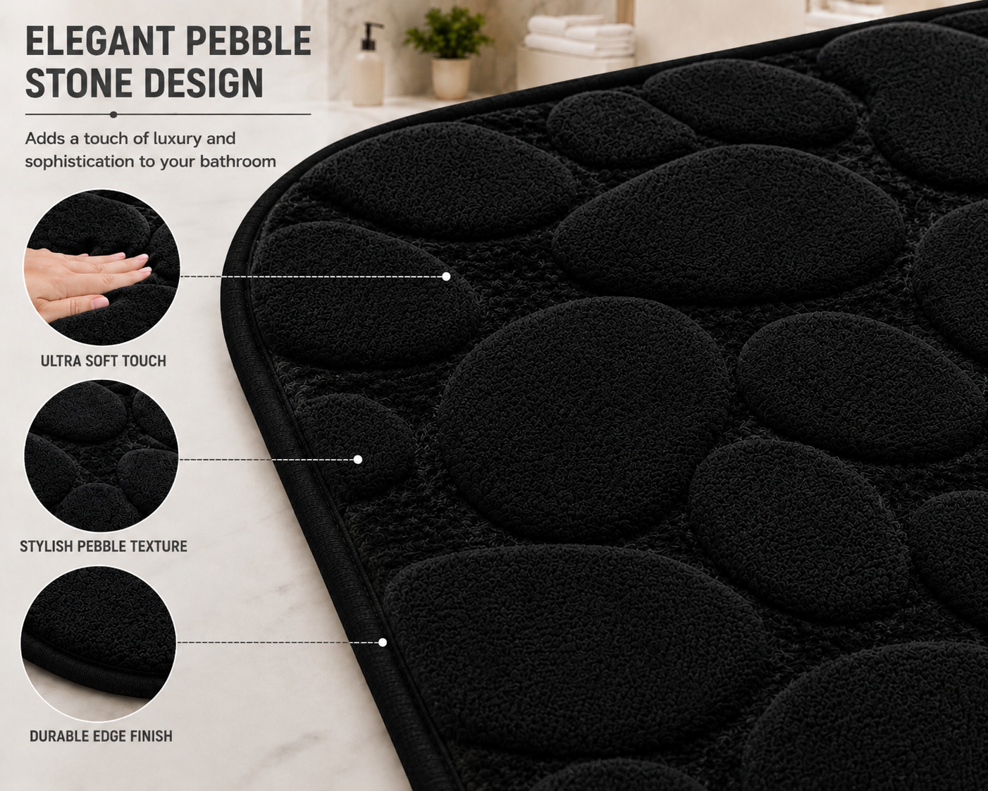 Pebble Stone Bath Mat Set – Soft Absorbent Non Slip Bathroom Rug Set | Night Zone