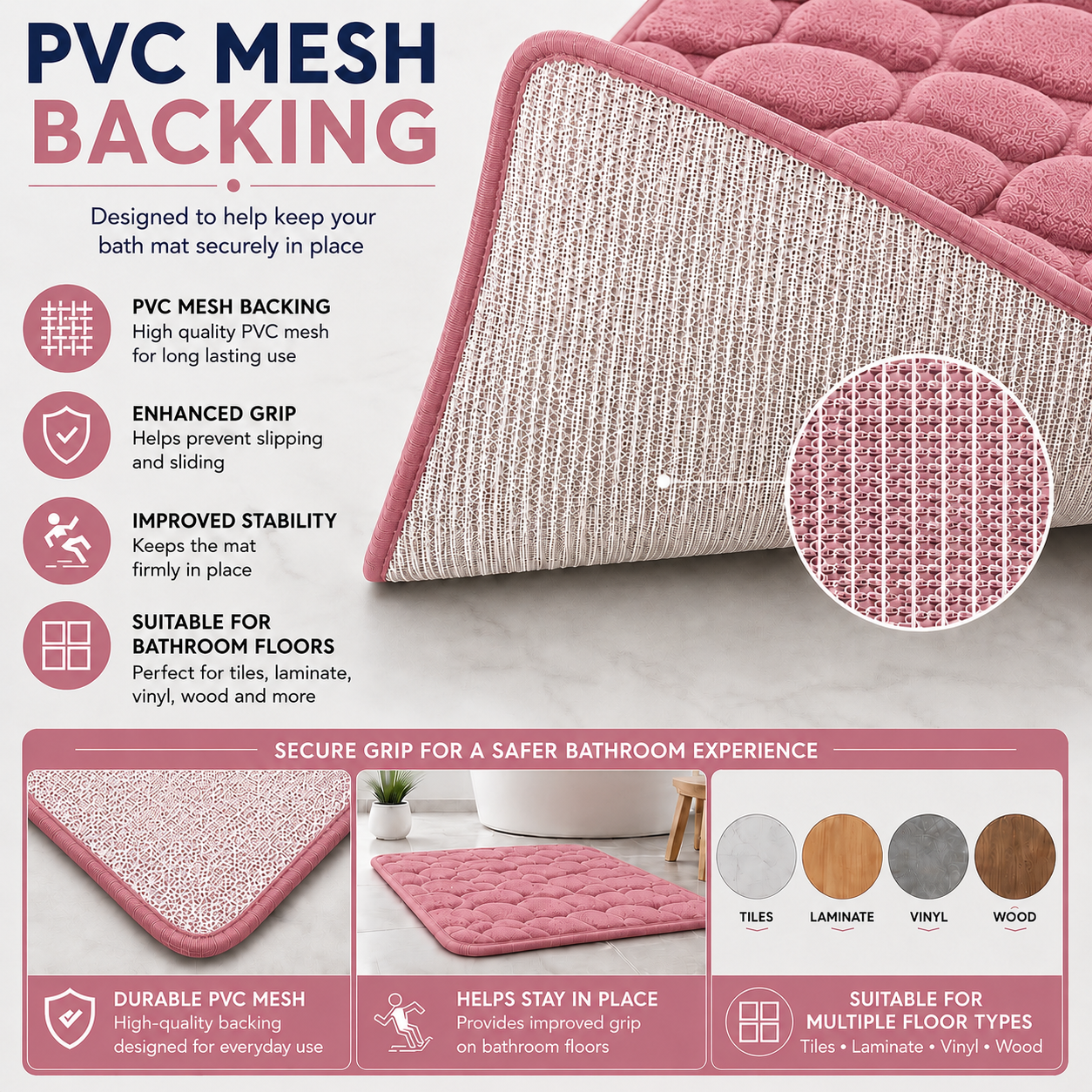 Pebble Stone Bath Mat Set – Soft Absorbent Non Slip Bathroom Rug Set | Night Zone