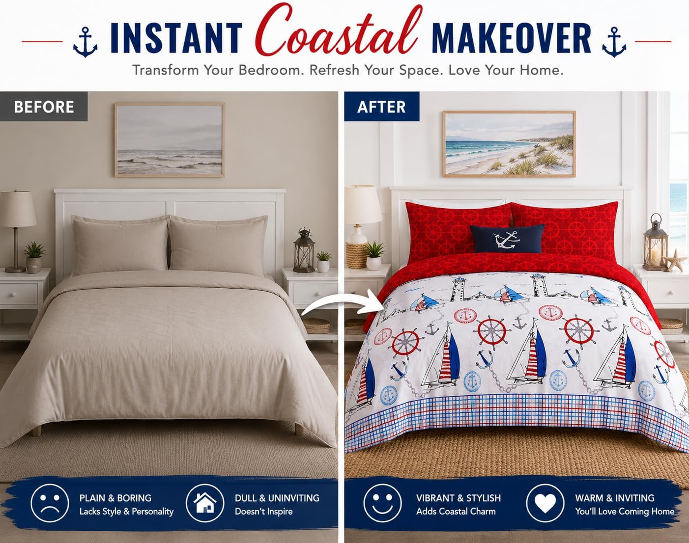 Jake Sailor Coastal Ship Duvet Cover Set – Reversible Nautical Quilt Cover Luxury Bedding | Night Zone