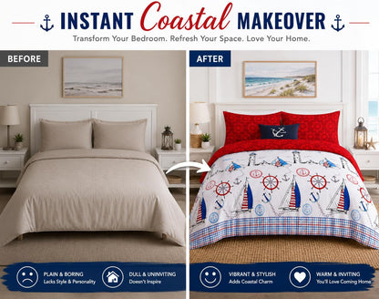 Jake Sailor Coastal Ship Duvet Cover Set – Reversible Nautical Quilt Cover Luxury Bedding | Night Zone