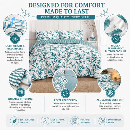 Ellie Leaf Printed Floral Duvet Cover Set – Soft Easy Care Botanical Bedding | Night Zone