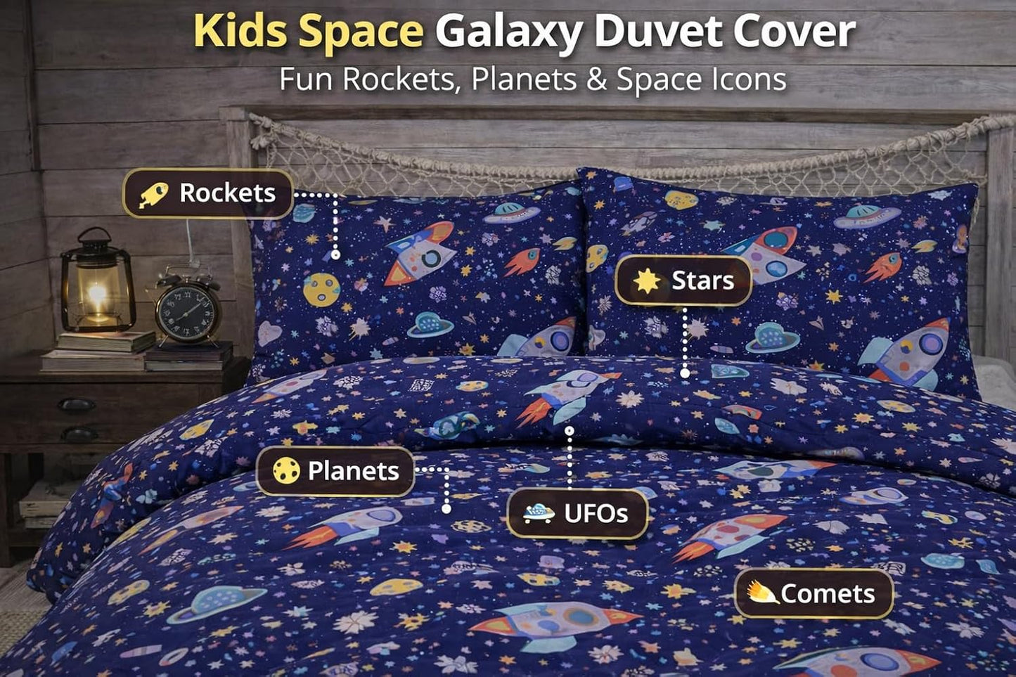 Kids Space Galaxy Duvet Cover Set – Rocket & Planet Bedding for Children | Night Zone