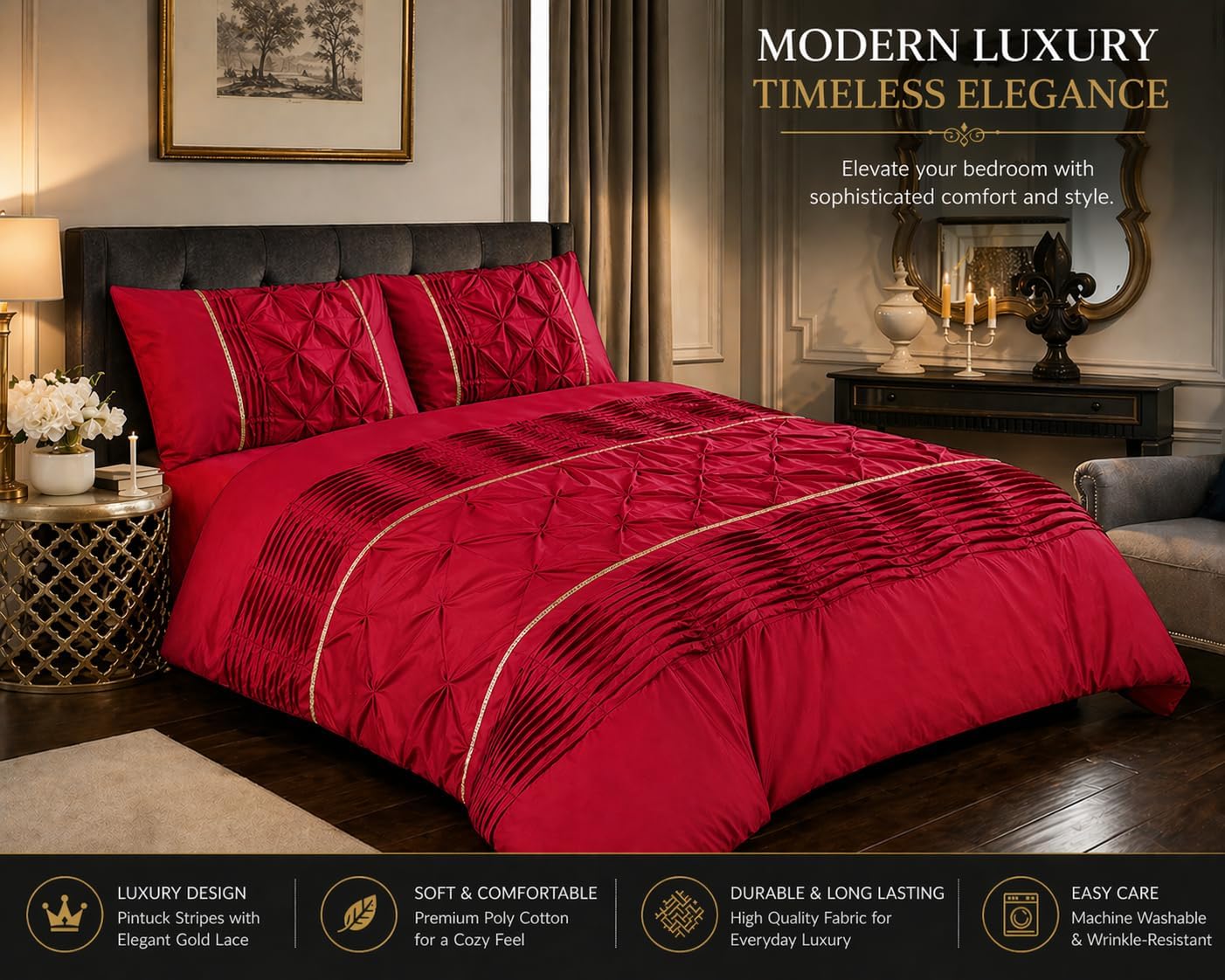 Eleanor Pintuck Polycotton Duvet Cover Set – Luxury Hotel Style Bedding | Night Zone