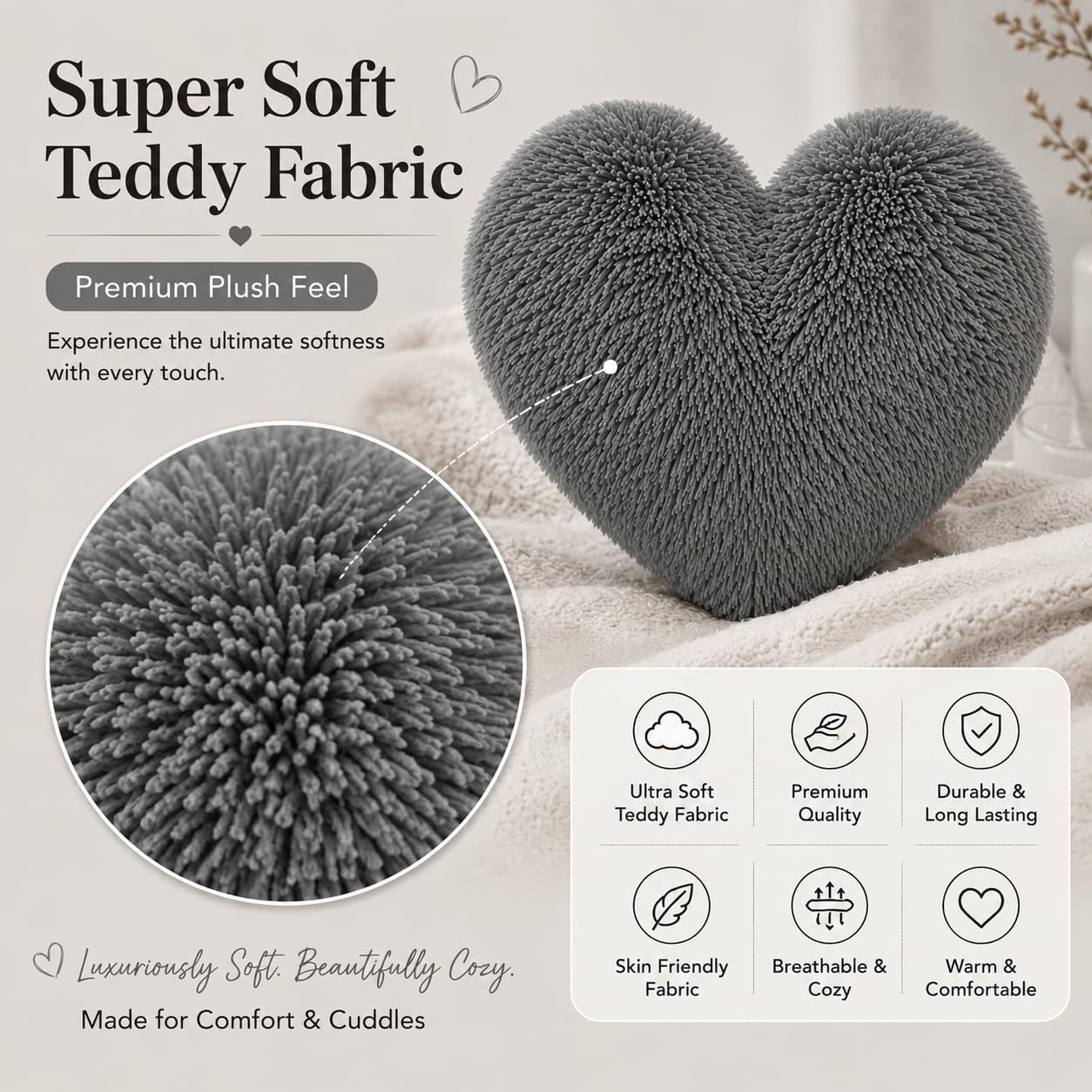Teddy Cuddles Heart Shape Teddy Fleece Cushion – Soft Filled Decorative Cushion | Night Zone