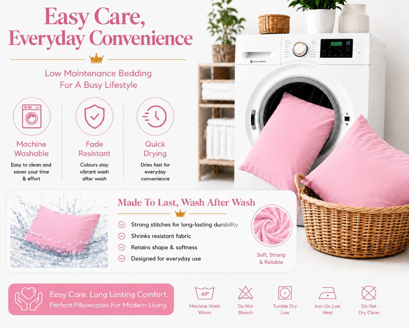 Housewife Polycotton Pillowcases Pair – Luxury Plain Dyed Easy Care Bedding | Night Zone