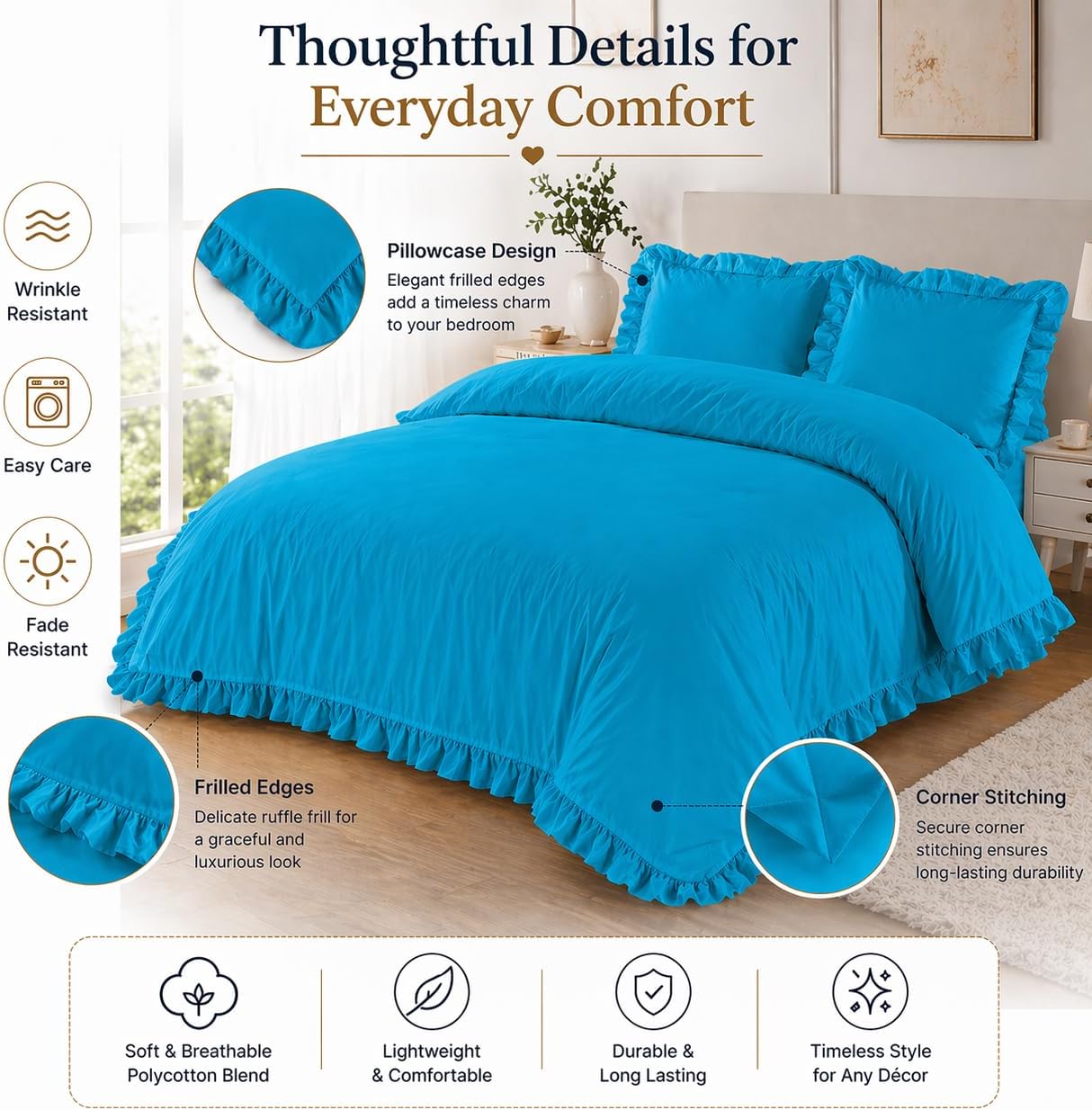 Santiago Frilled Polycotton Duvet Cover Set – Luxury Easy Care Bedding | Night Zone