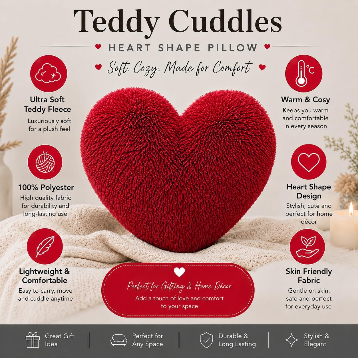 Teddy Cuddles Heart Shape Teddy Fleece Cushion – Soft Filled Decorative Cushion | Night Zone