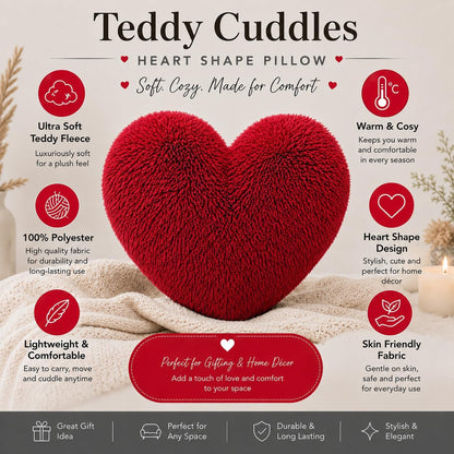 Teddy Cuddles Heart Shape Teddy Fleece Cushion – Soft Filled Decorative Cushion | Night Zone