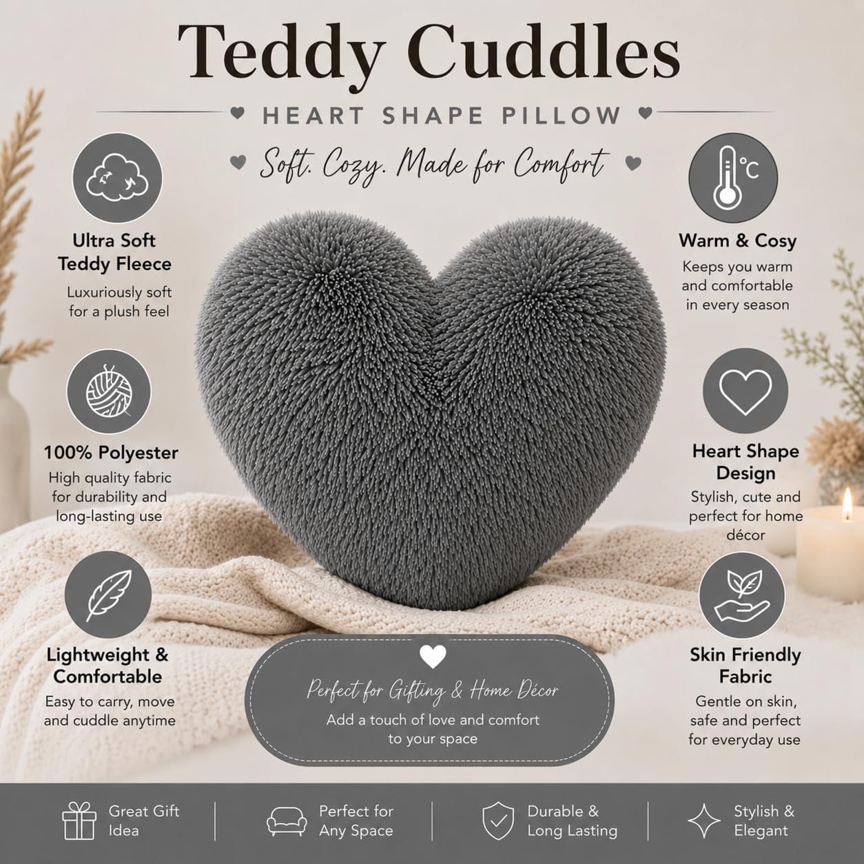 Teddy Cuddles Heart Shape Teddy Fleece Cushion – Soft Filled Decorative Cushion | Night Zone