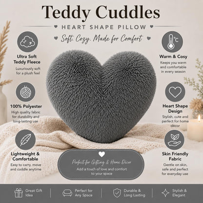 Teddy Cuddles Heart Shape Teddy Fleece Cushion – Soft Filled Decorative Cushion | Night Zone