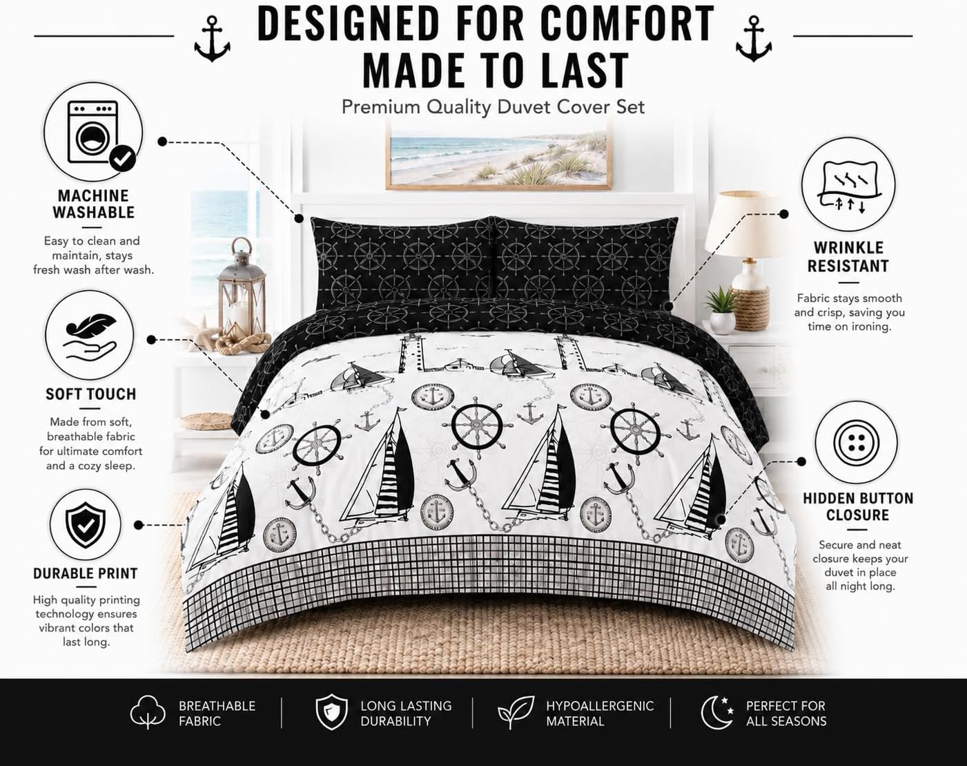 Jake Sailor Coastal Ship Duvet Cover Set – Reversible Nautical Quilt Cover Luxury Bedding | Night Zone