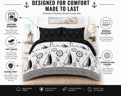 Jake Sailor Coastal Ship Duvet Cover Set – Reversible Nautical Quilt Cover Luxury Bedding | Night Zone