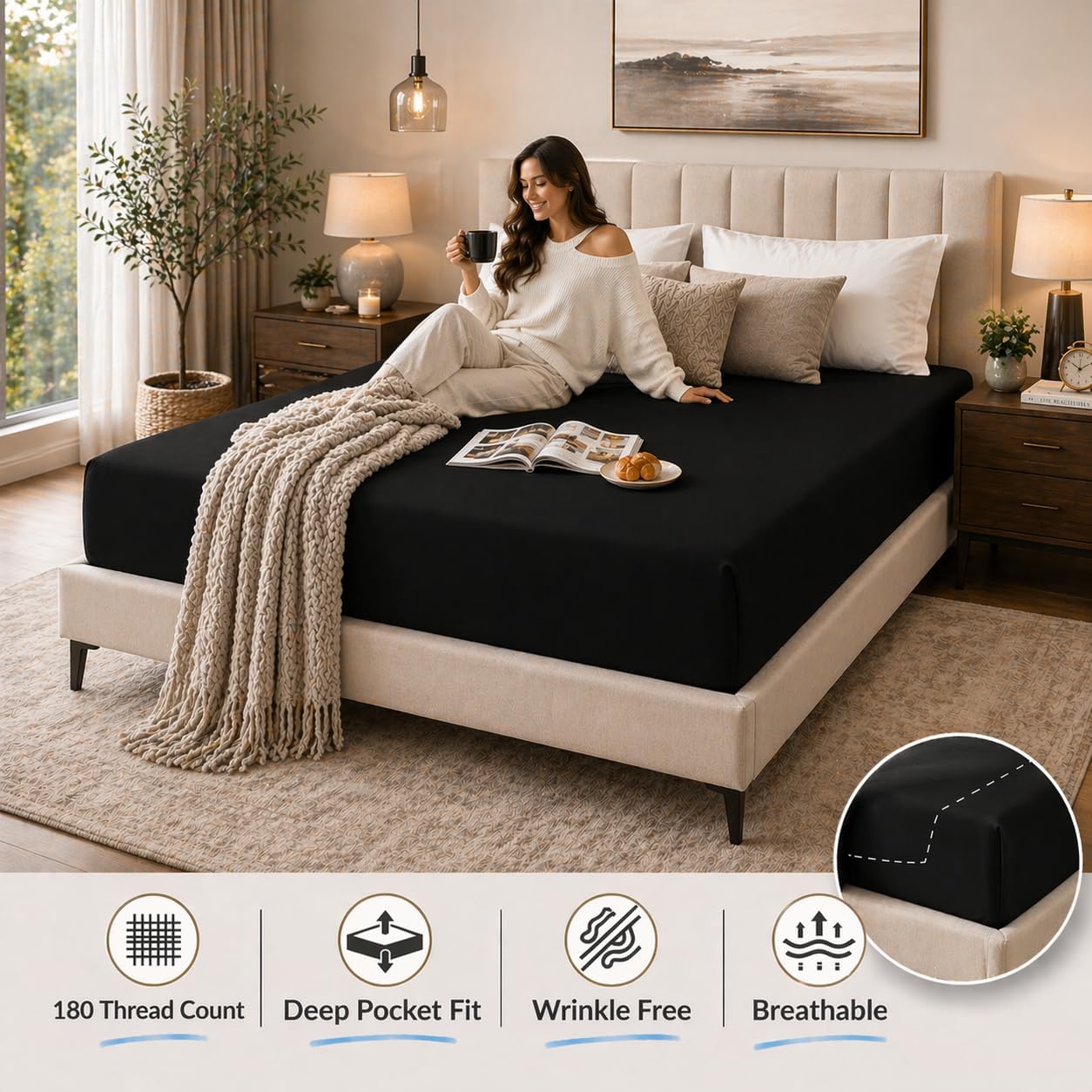 180 Thread Count Percale Fitted Sheet 25cm Deep – Polycotton Easy Care Bedding | Night Zone