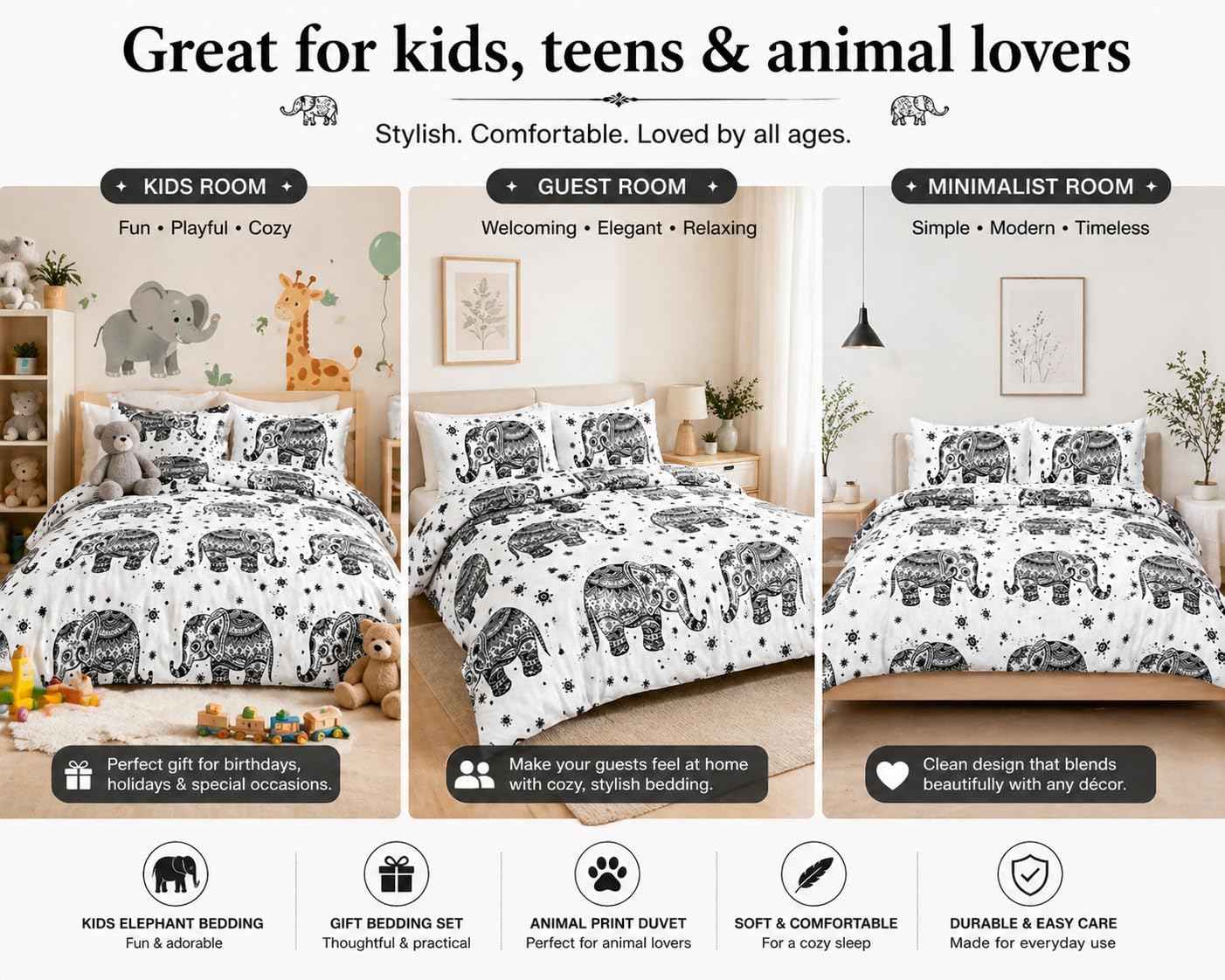 Elephant Animal Printed Polycotton Duvet Cover Set – Safari Wildlife Bedding | Night Zone