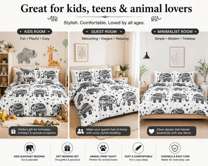 Elephant Animal Printed Polycotton Duvet Cover Set – Safari Wildlife Bedding | Night Zone