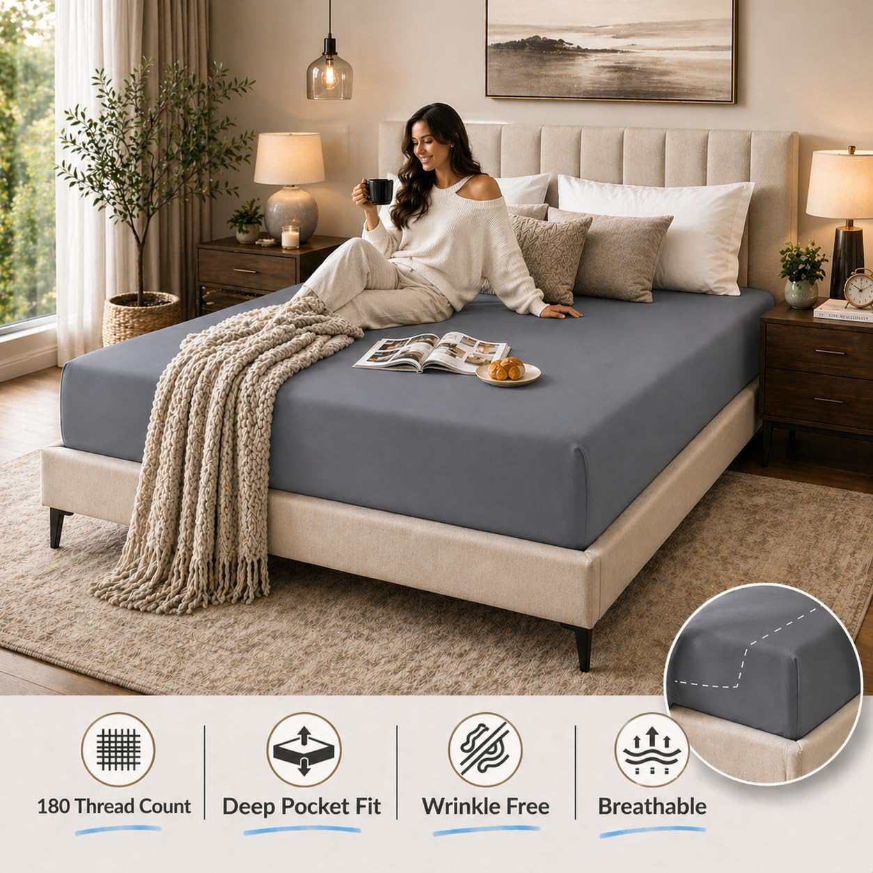 180 Thread Count Percale Fitted Sheet 25cm Deep – Polycotton Easy Care Bedding | Night Zone