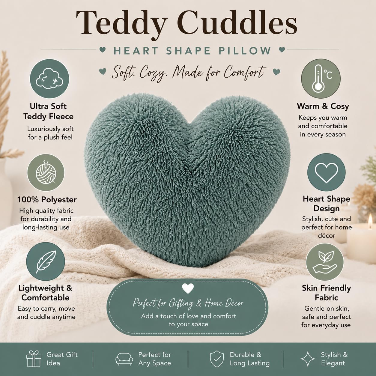 Teddy Cuddles Heart Shape Teddy Fleece Cushion – Soft Filled Decorative Cushion | Night Zone