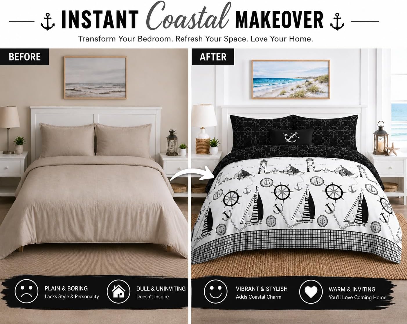Jake Sailor Coastal Ship Duvet Cover Set – Reversible Nautical Quilt Cover Luxury Bedding | Night Zone