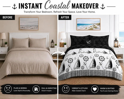 Jake Sailor Coastal Ship Duvet Cover Set – Reversible Nautical Quilt Cover Luxury Bedding | Night Zone