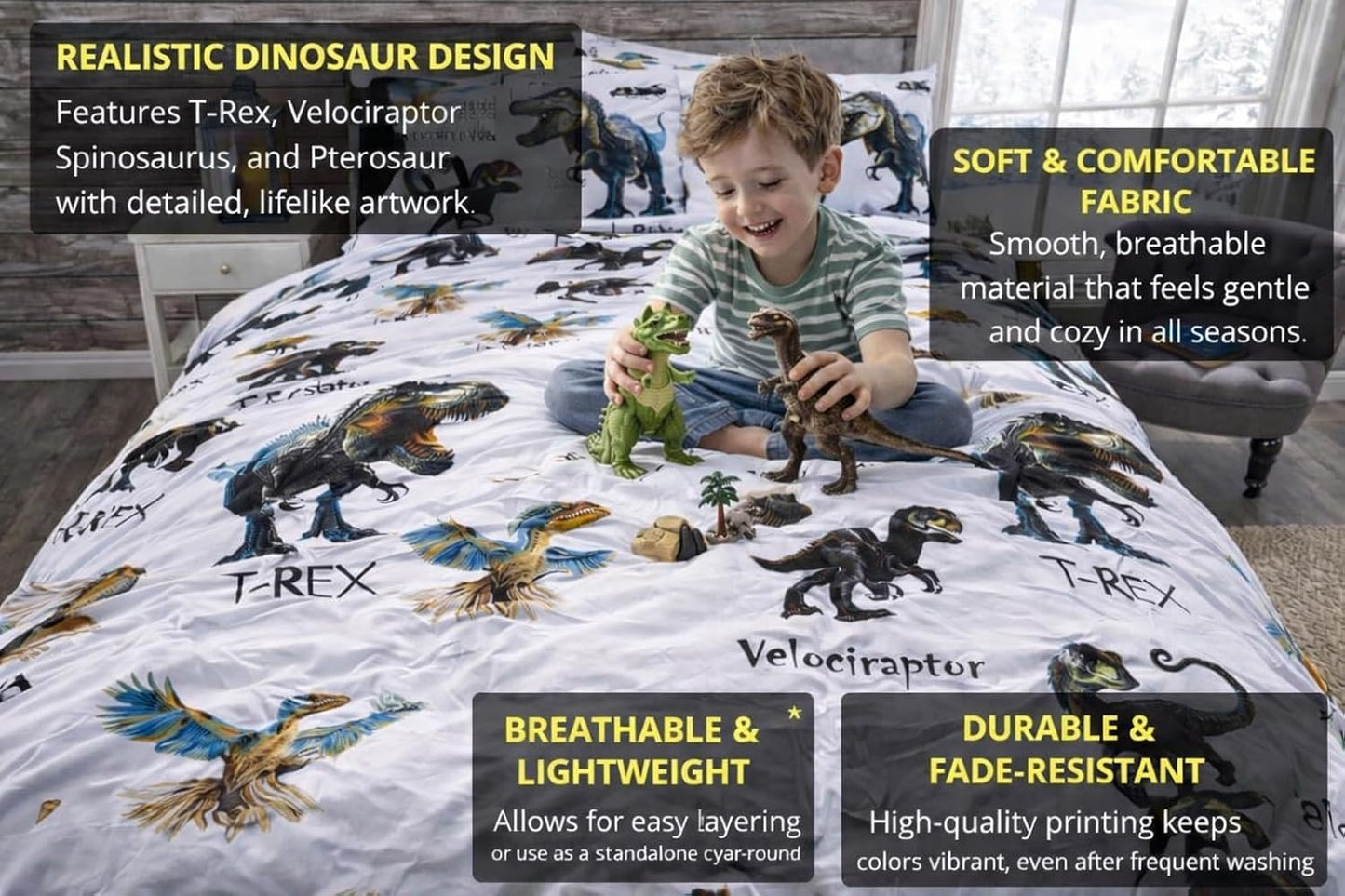 Dinosaur Polycotton Duvet Cover Set – Kids Easy Care Dinosaur Bedding | Night Zone