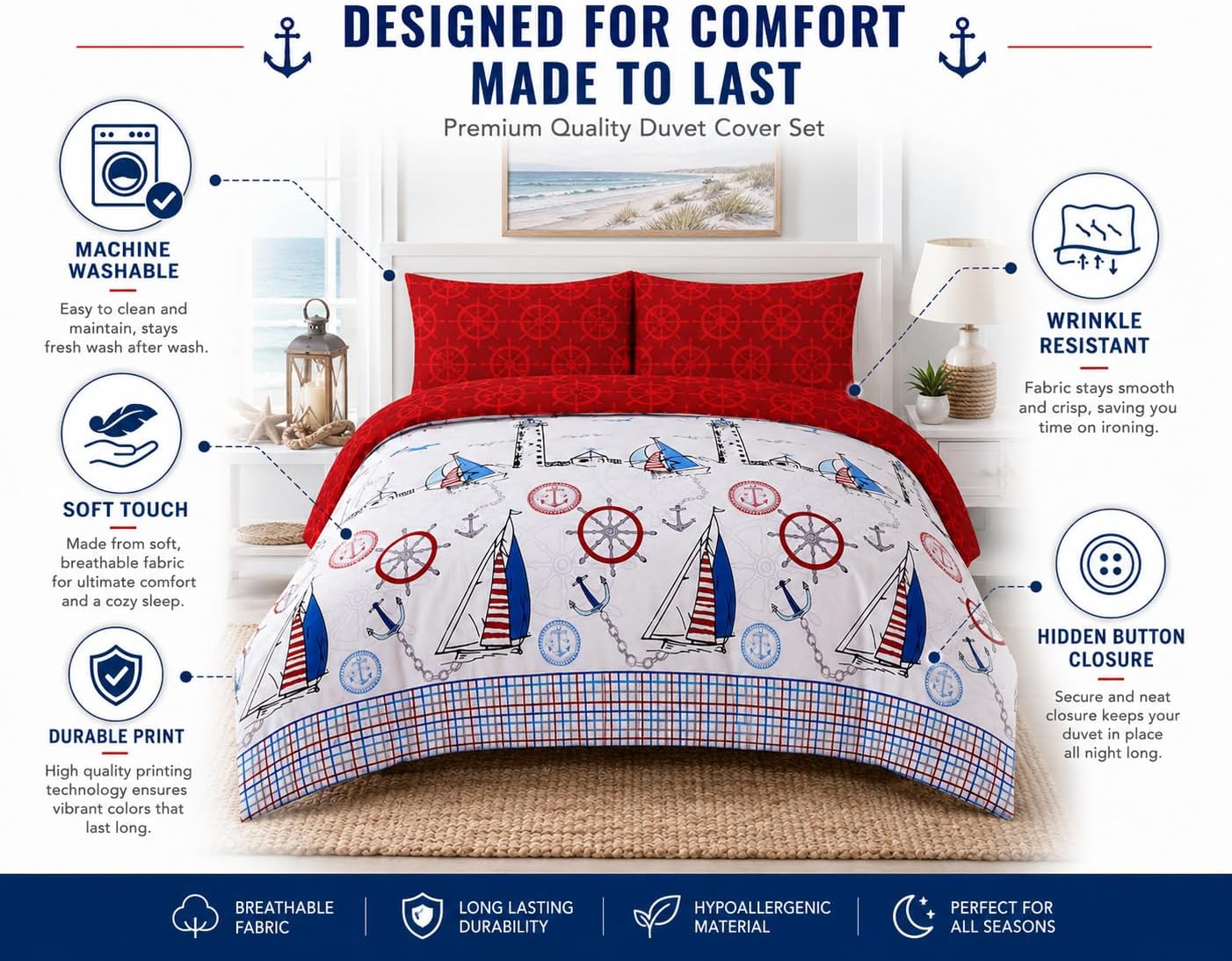 Jake Sailor Coastal Ship Duvet Cover Set – Reversible Nautical Quilt Cover Luxury Bedding | Night Zone
