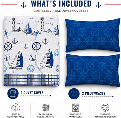 Jake Sailor Coastal Ship Duvet Cover Set – Reversible Nautical Quilt Cover Luxury Bedding | Night Zone