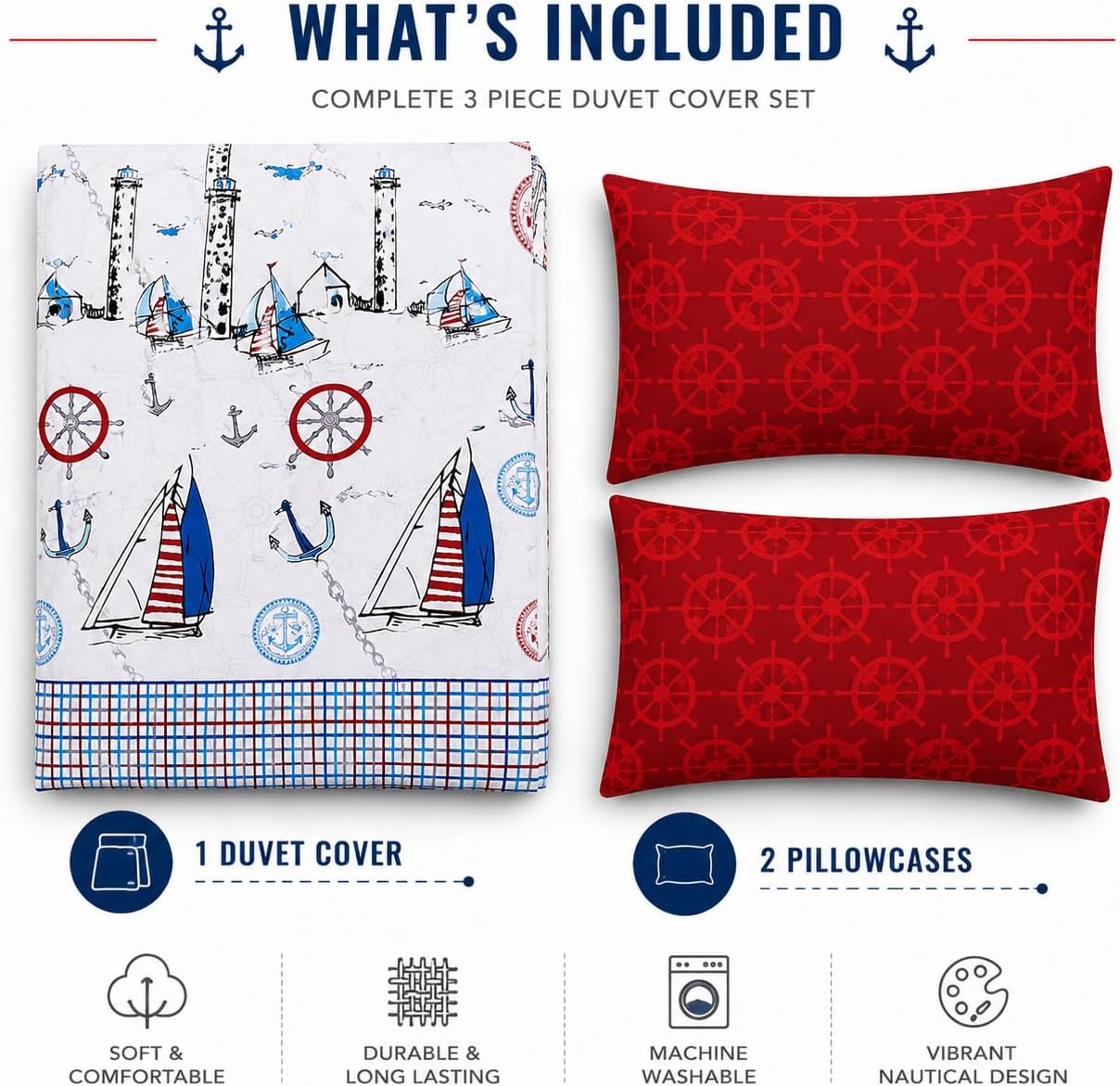 Jake Sailor Coastal Ship Duvet Cover Set – Reversible Nautical Quilt Cover Luxury Bedding | Night Zone
