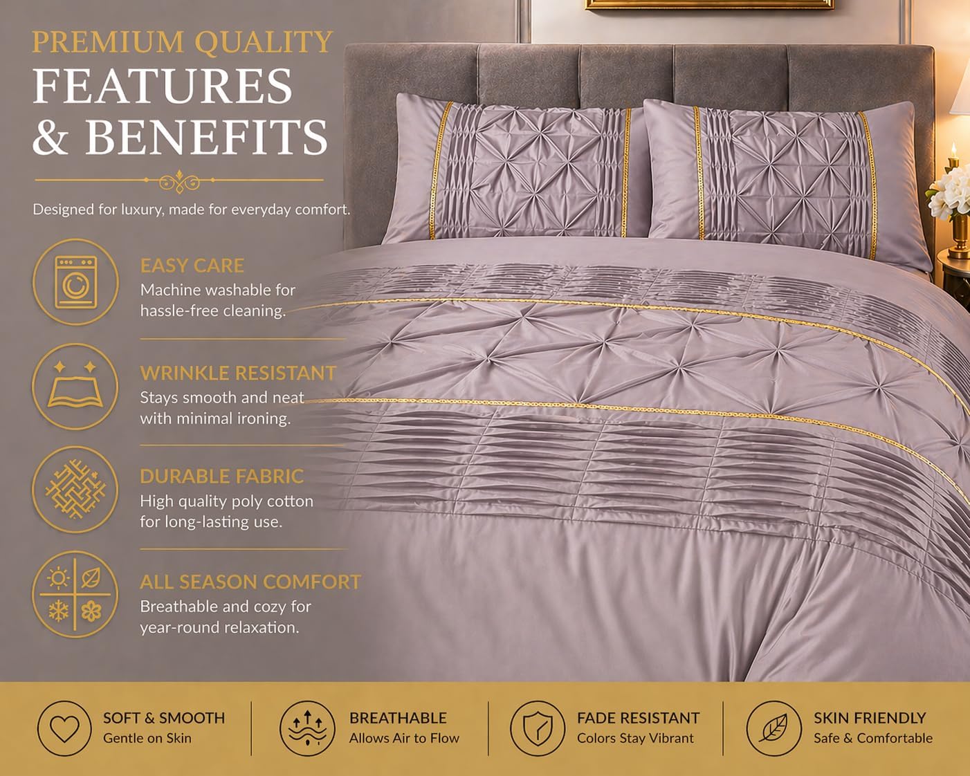 Eleanor Pintuck Polycotton Duvet Cover Set – Luxury Hotel Style Bedding | Night Zone