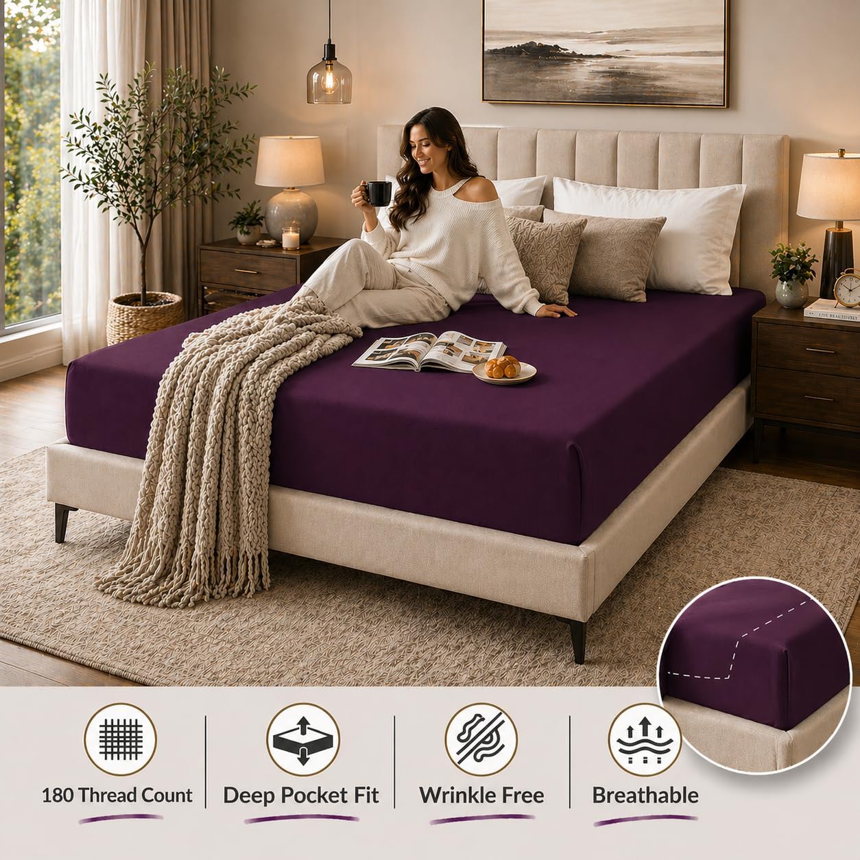 180 Thread Count Percale Fitted Sheet 25cm Deep – Polycotton Easy Care Bedding | Night Zone