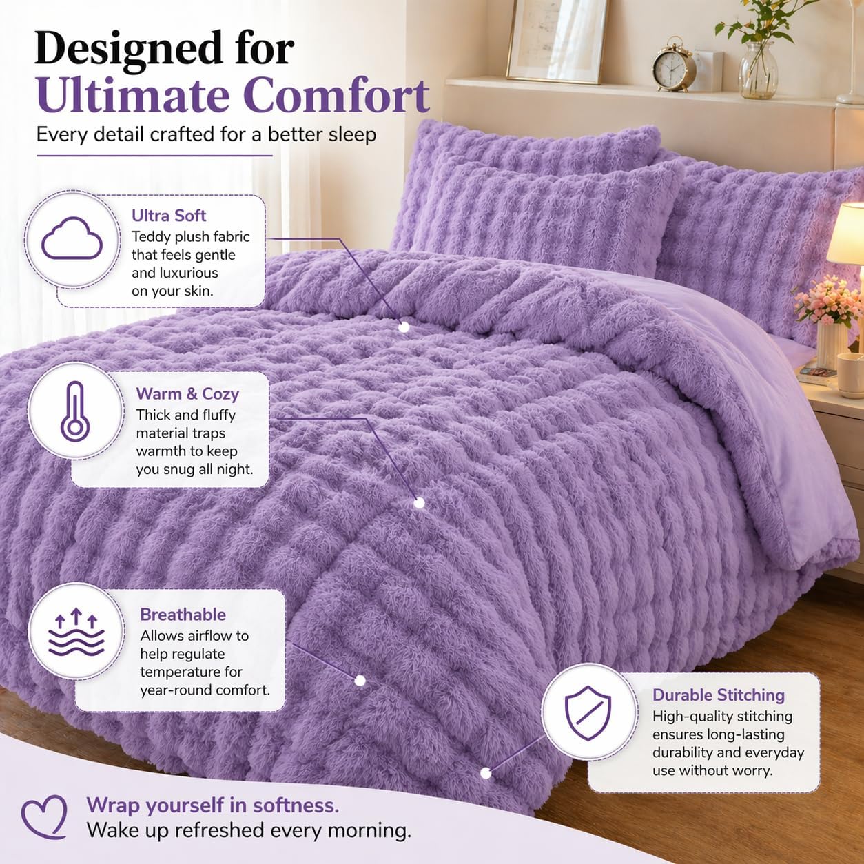 Teddy Square Fleece Duvet Cover Set – Ultra Soft Fluffy Plush Bedding | Night Zone