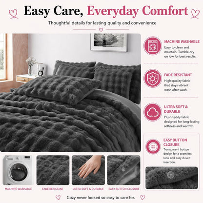 Teddy Square Fleece Duvet Cover Set – Ultra Soft Fluffy Plush Bedding | Night Zone