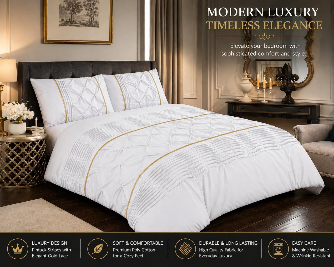 Eleanor Pintuck Polycotton Duvet Cover Set – Luxury Hotel Style Bedding | Night Zone
