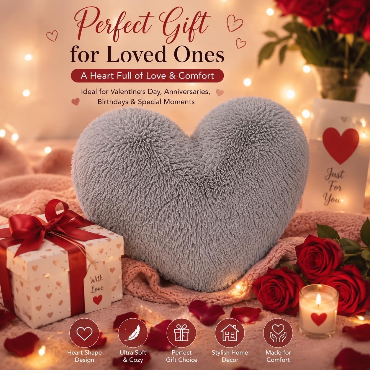 Teddy Cuddles Heart Shape Teddy Fleece Cushion – Soft Filled Decorative Cushion | Night Zone