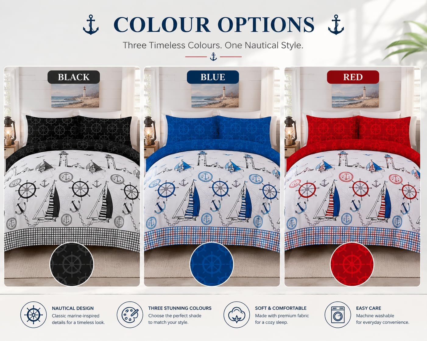 Jake Sailor Coastal Ship Duvet Cover Set – Reversible Nautical Quilt Cover Luxury Bedding | Night Zone