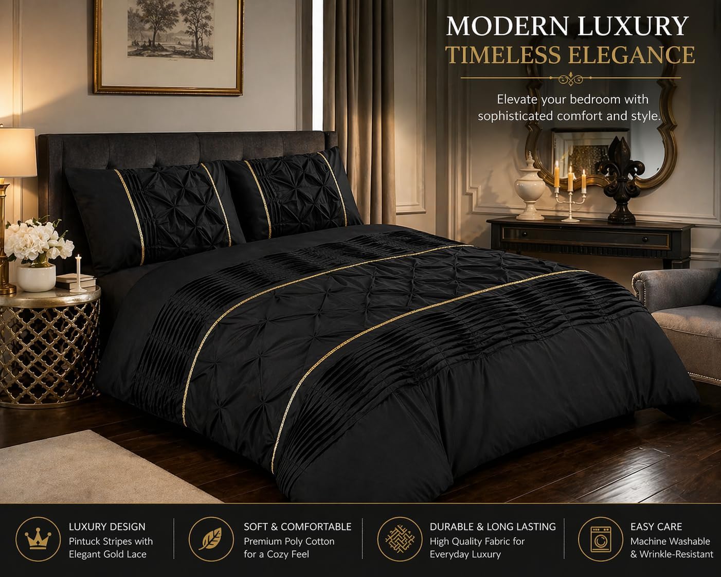 Eleanor Pintuck Polycotton Duvet Cover Set – Luxury Hotel Style Bedding | Night Zone