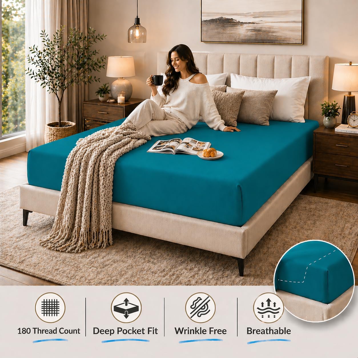 180 Thread Count Percale Fitted Sheet 25cm Deep – Polycotton Easy Care Bedding | Night Zone