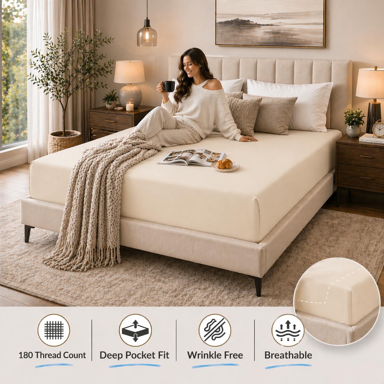 180 Thread Count Percale Fitted Sheet 25cm Deep – Polycotton Easy Care Bedding | Night Zone