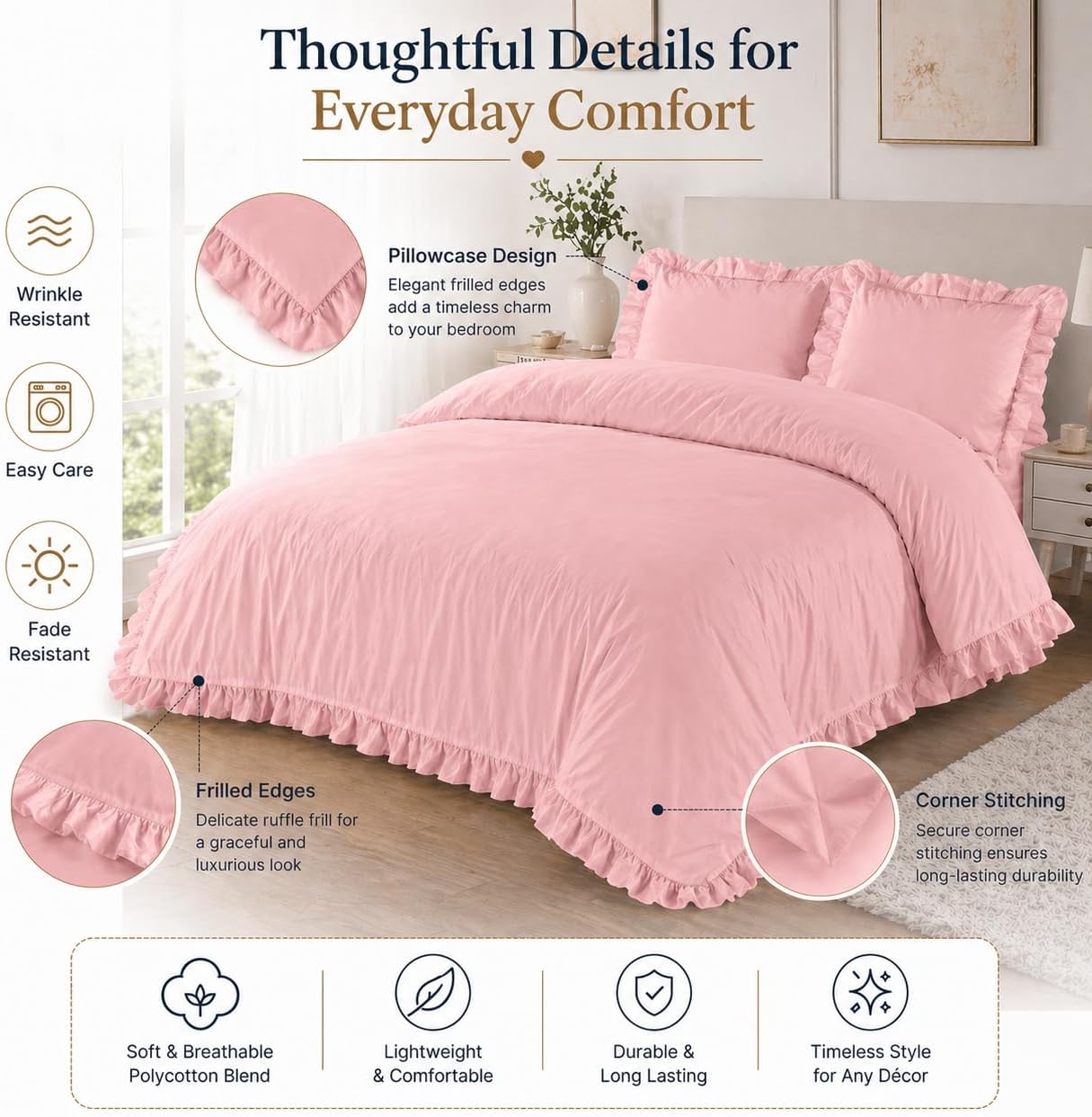 Santiago Frilled Polycotton Duvet Cover Set – Luxury Easy Care Bedding | Night Zone