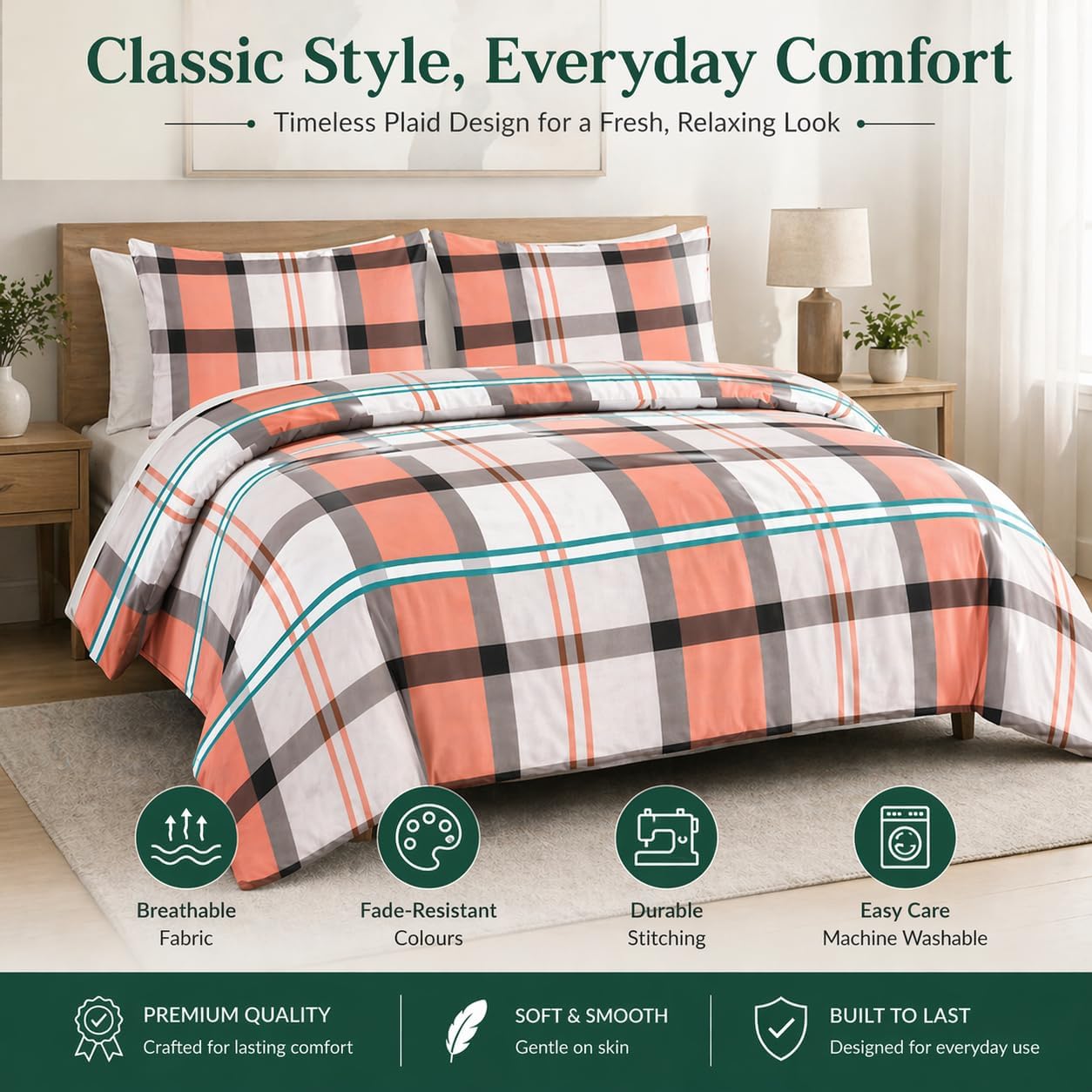 Remi Check Duvet Cover Set – Poly cotton Checked Quilt Cover with Pillowcases | Night Zone