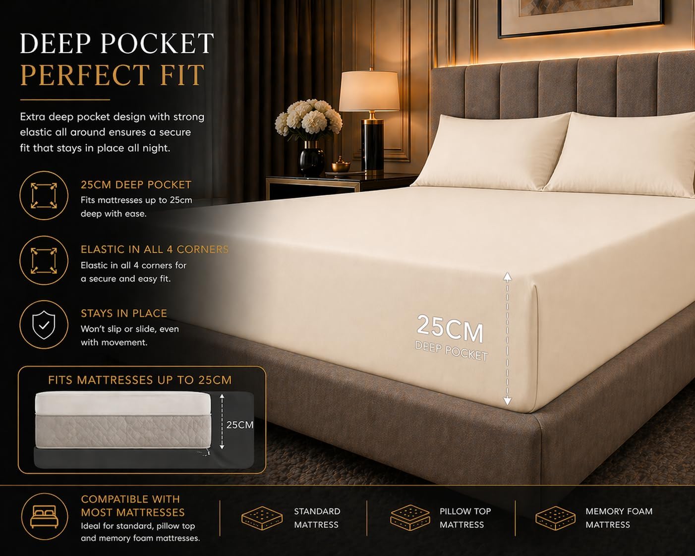 180 Thread Count Percale Fitted Sheet 25cm Deep – Polycotton Easy Care Bedding | Night Zone