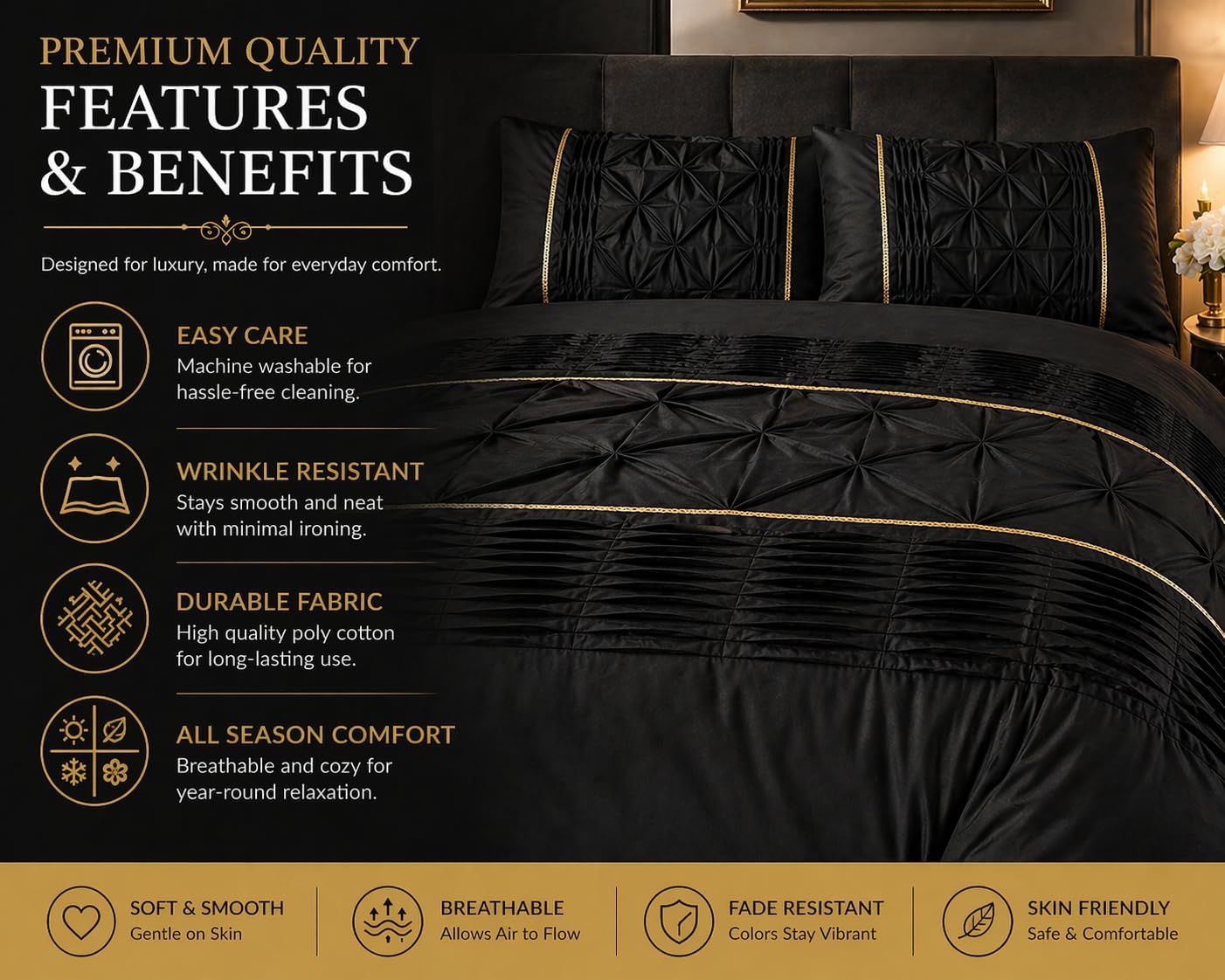 Eleanor Pintuck Polycotton Duvet Cover Set – Luxury Hotel Style Bedding | Night Zone