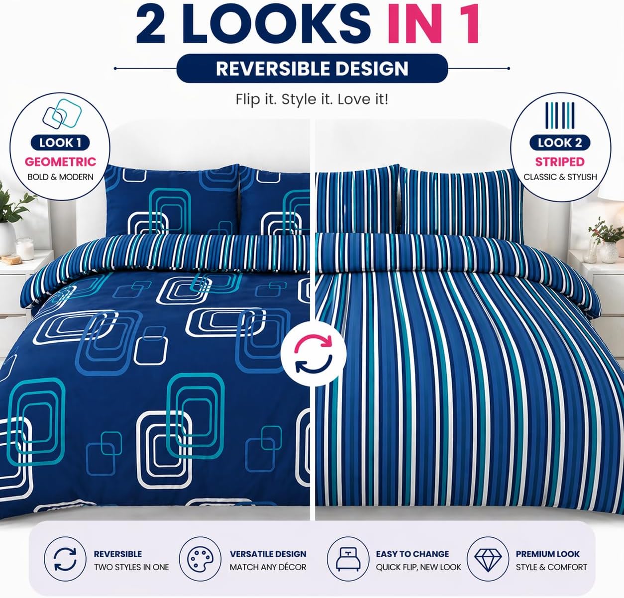 Blake Geometric Printed Polycotton Duvet Cover Set – Modern Easy Care Bedding | Night Zone