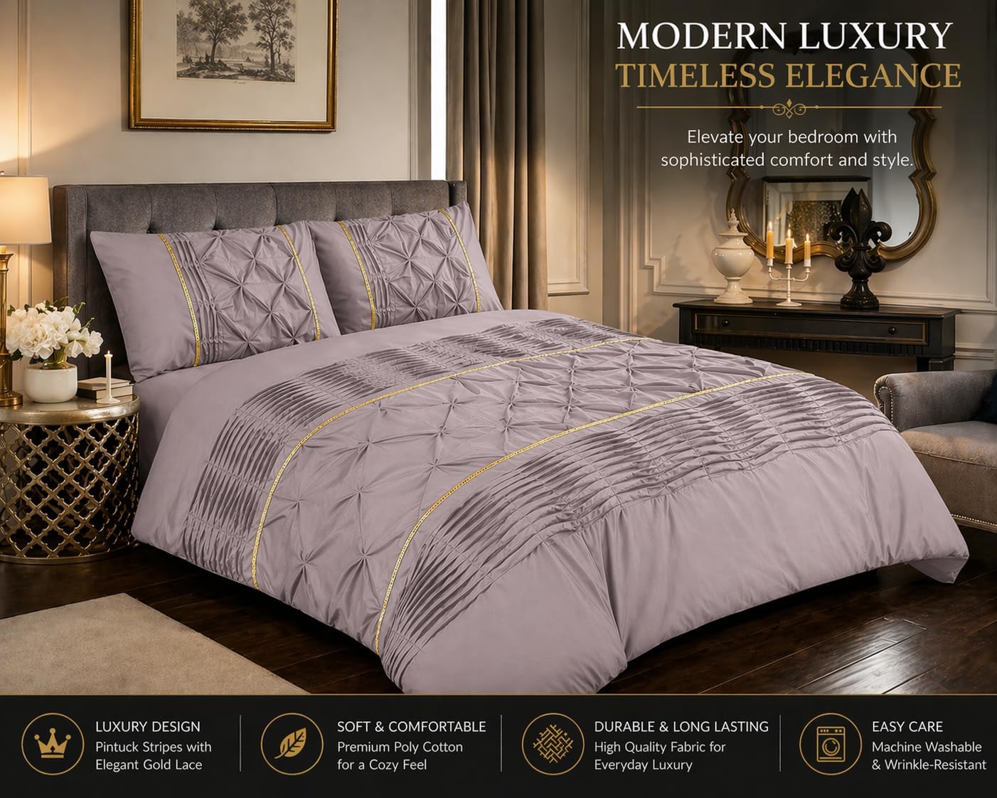 Eleanor Pintuck Polycotton Duvet Cover Set – Luxury Hotel Style Bedding | Night Zone