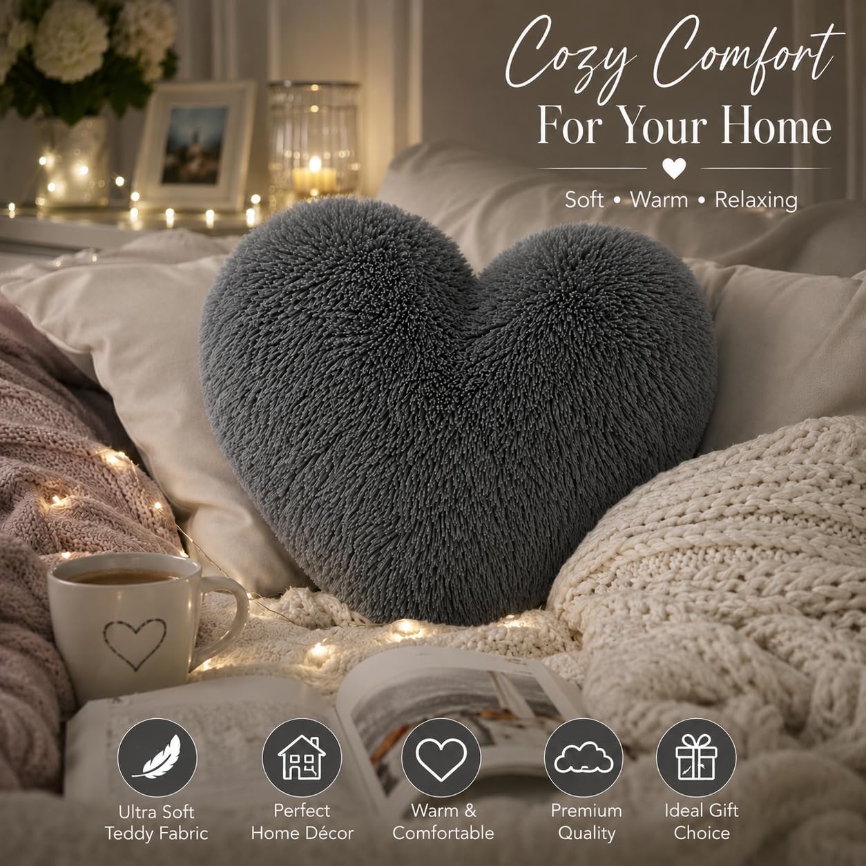 Teddy Cuddles Heart Shape Teddy Fleece Cushion – Soft Filled Decorative Cushion | Night Zone