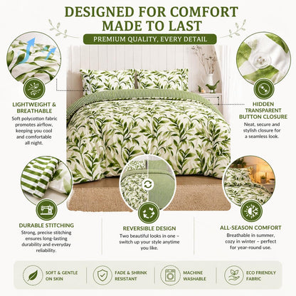 Ellie Leaf Printed Floral Duvet Cover Set – Soft Easy Care Botanical Bedding | Night Zone