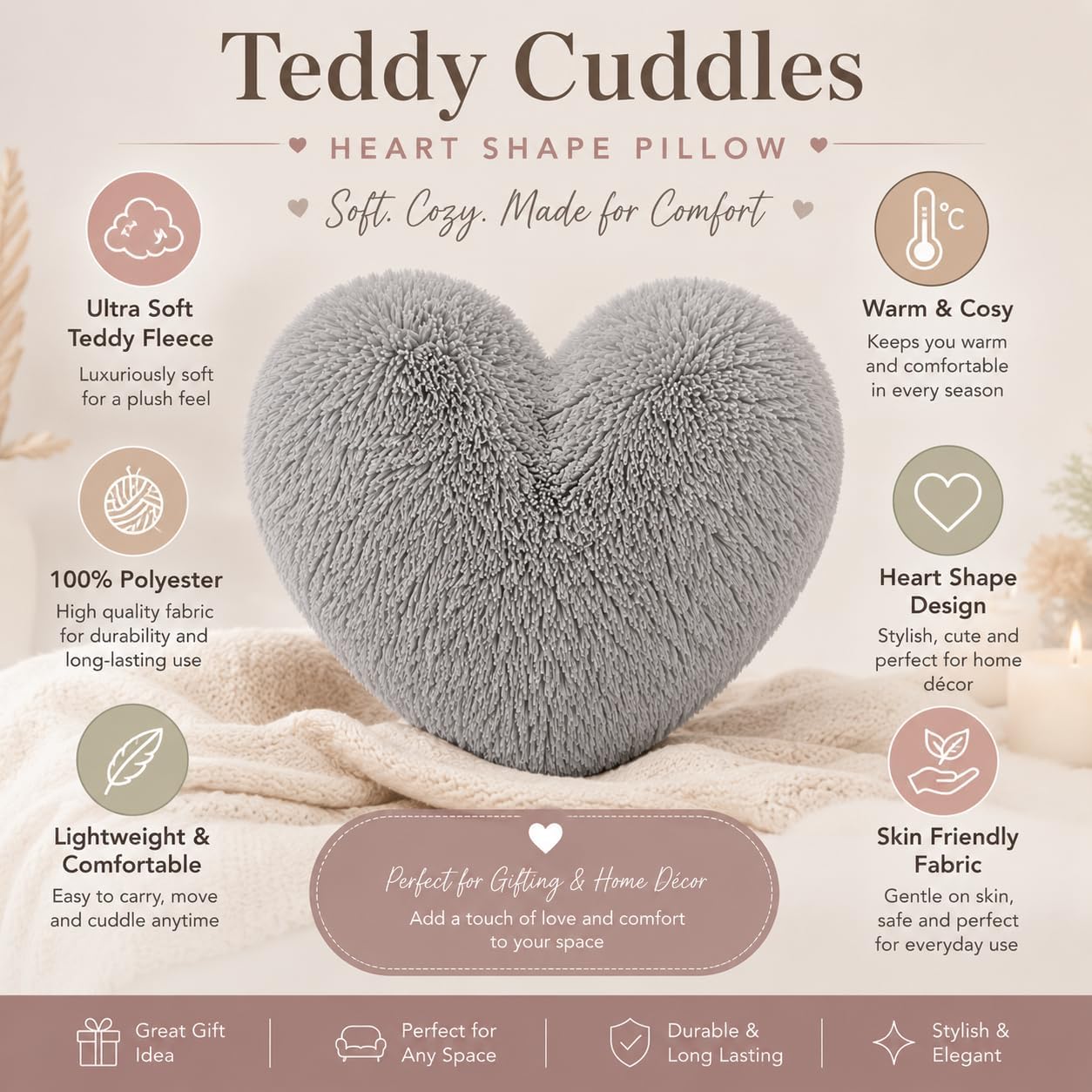 Teddy Cuddles Heart Shape Teddy Fleece Cushion – Soft Filled Decorative Cushion | Night Zone
