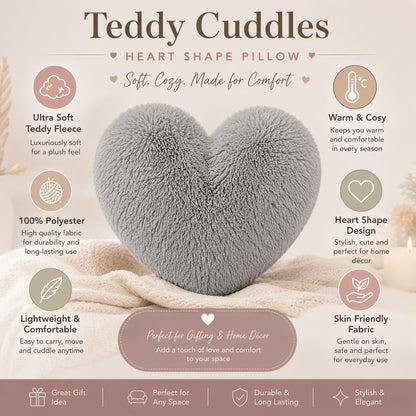 Teddy Cuddles Heart Shape Teddy Fleece Cushion – Soft Filled Decorative Cushion | Night Zone